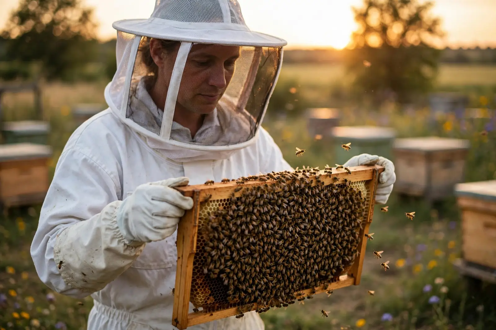 Beekeeper holding a hive frame heavy with honeybees at golden hour