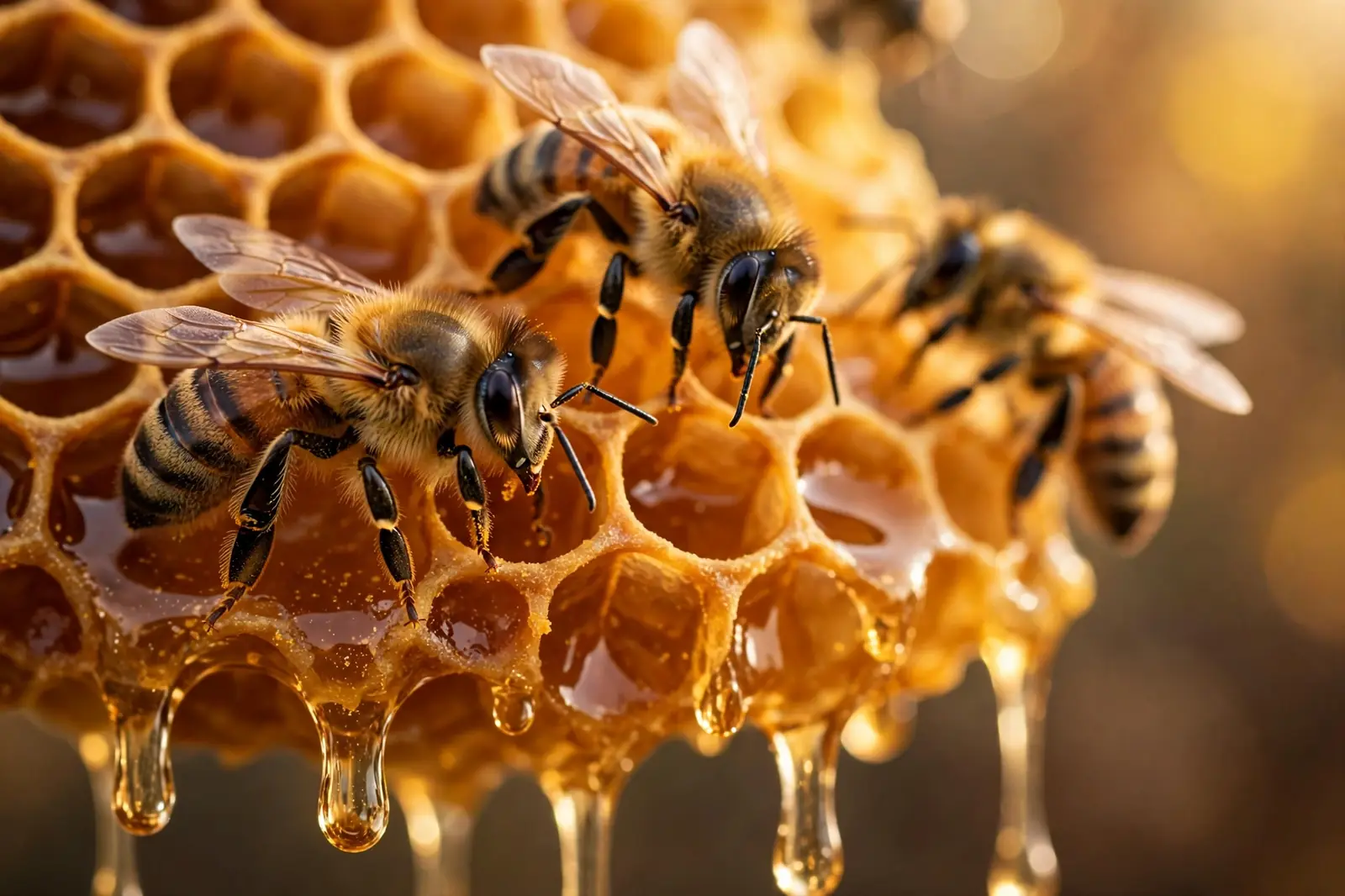 Honeybees crawling over golden honeycomb