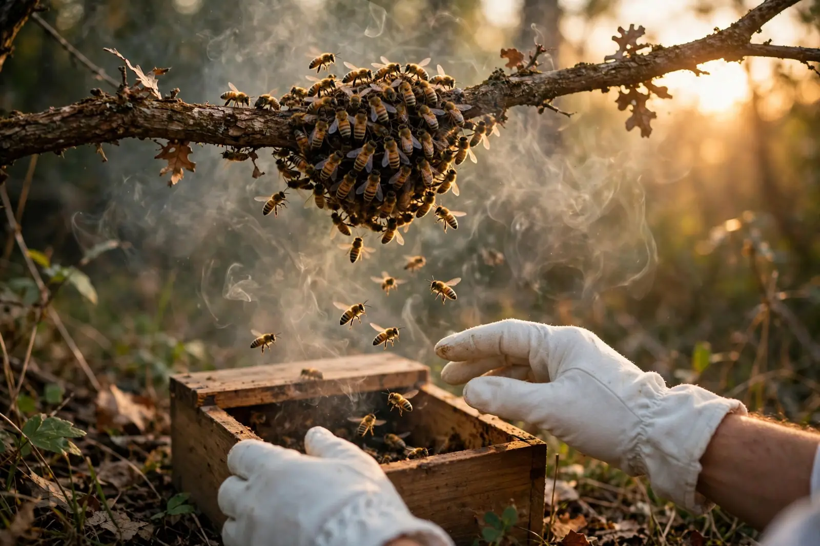 Bees being calmed with smoke and guided into a hive box for relocation